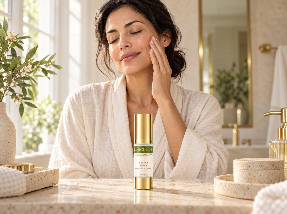 Woman in a linen robe at her vanity with Evangeline Biostem Serum