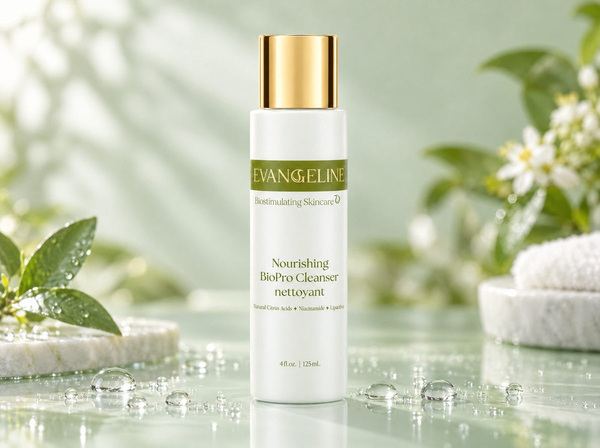 Evangeline Nourishing BioPro Cleanser with water droplets on green glass