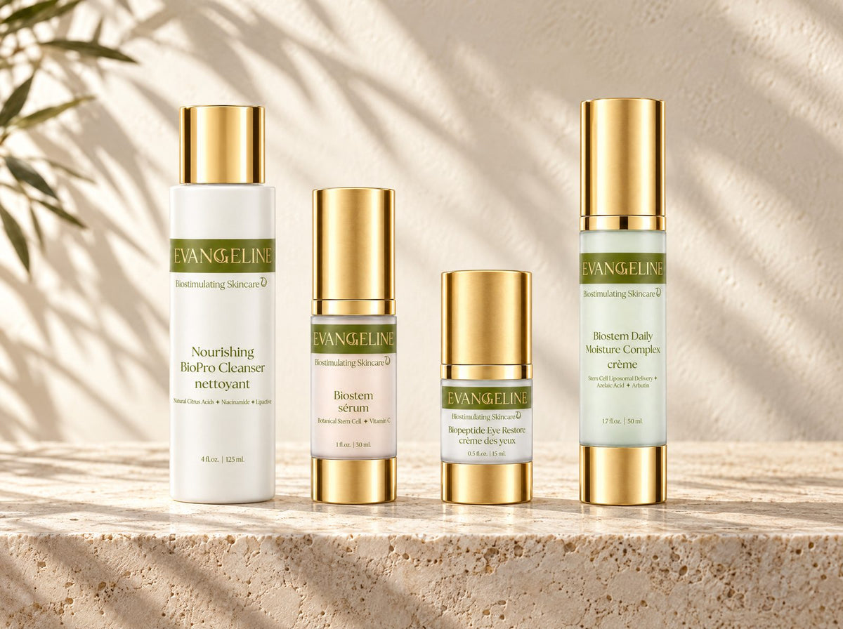 The four Evangeline routine products in order on travertine