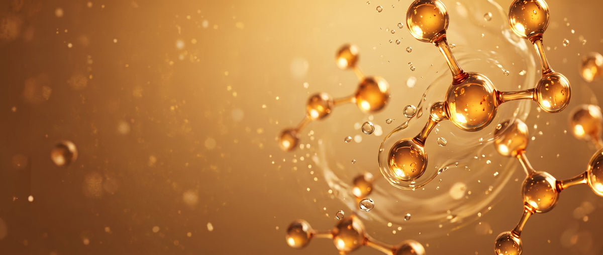 Golden molecules representing Evangeline skincare science