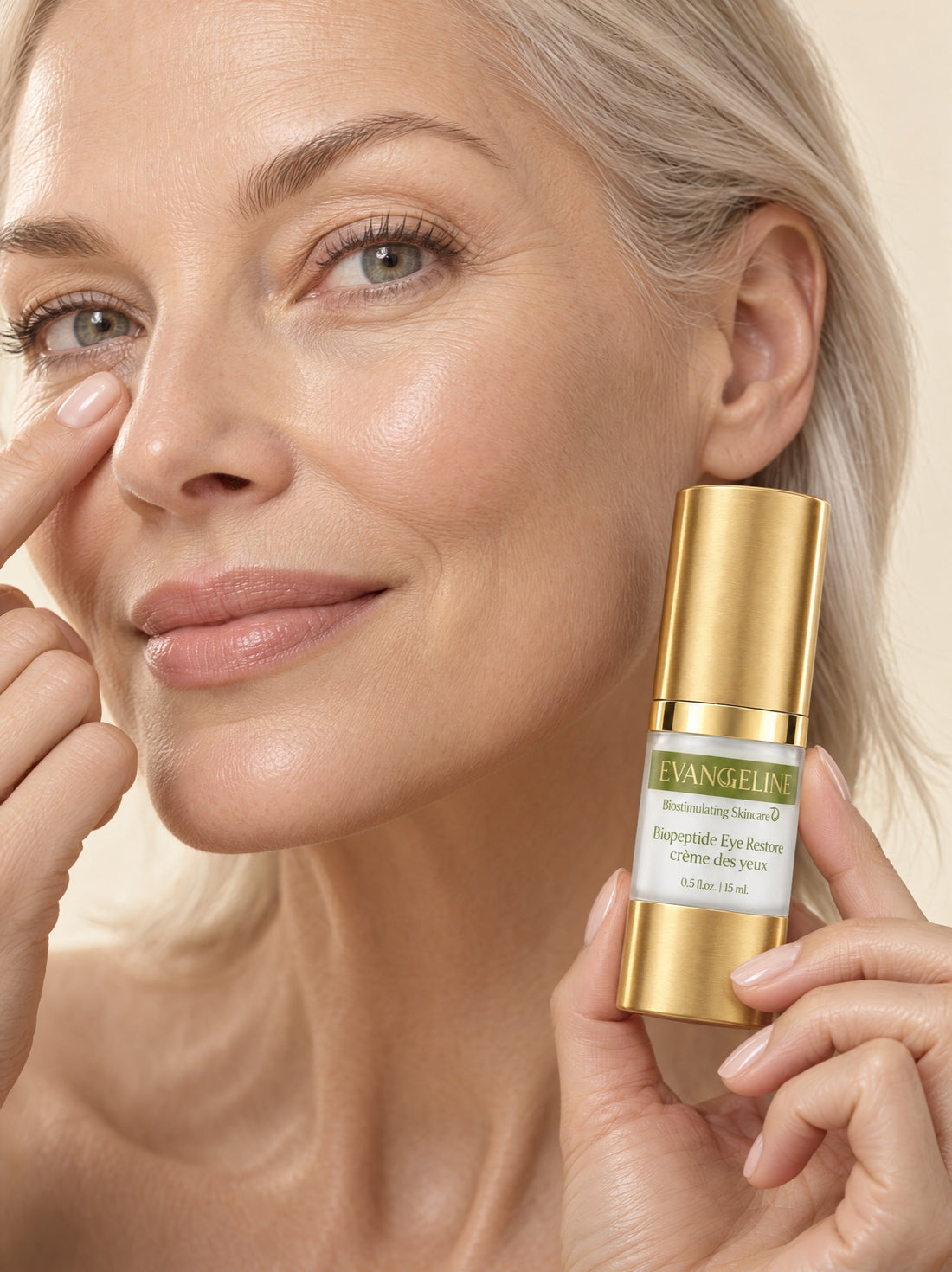 Woman applying Evangeline Biopeptide Eye Restore under her eye