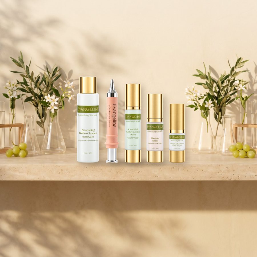 The Evangeline range on a sunlit shelf with botanicals and glassware