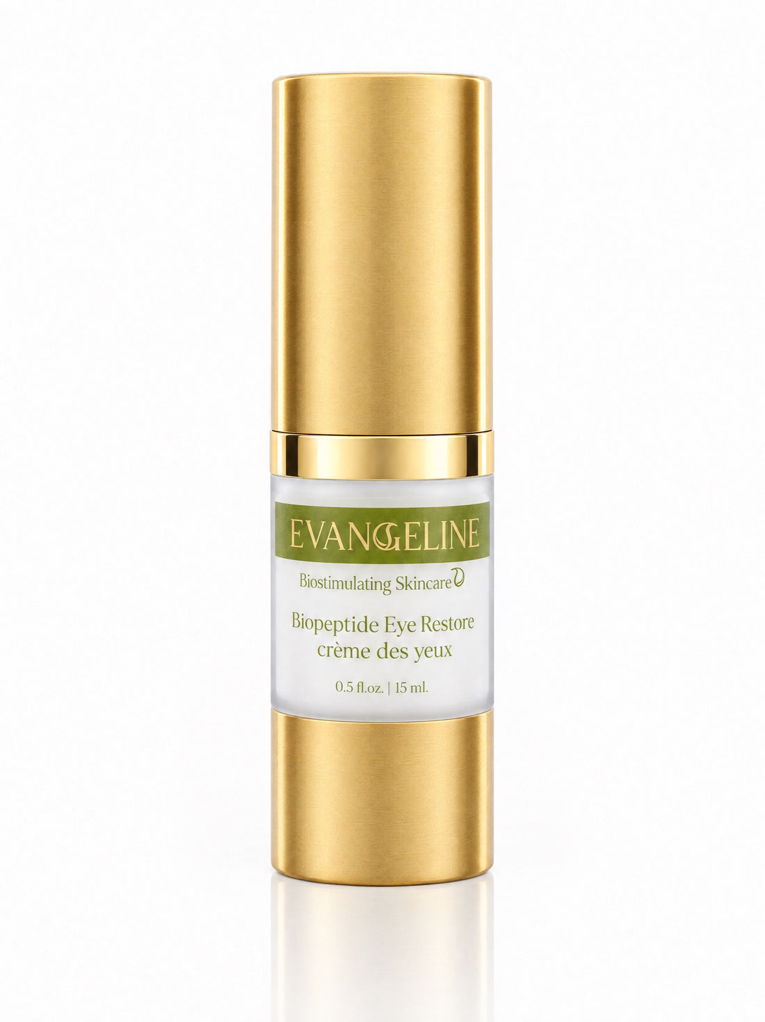 Evangeline Biopeptide Eye Restore peptide eye cream in gold bottle